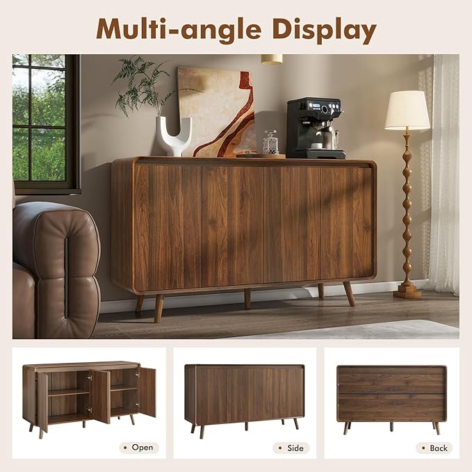 Mid Century Modern Buffet Cabinet with Storage, 55 Inch Sideboard Credenza with Doors & Shelves Console Coffee Bar Table for Living Room, Kitchen, Dining Room and Hallway, Walnut