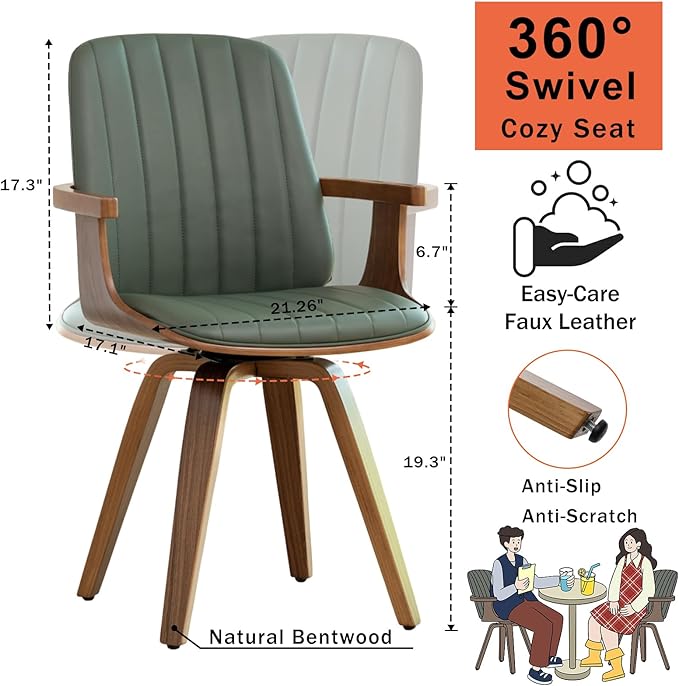 Set of 1 MCM Dining Chair, Mid Century Modern Chair with Walnut Craftsmanship, Upholstered Faux Leather, Wooden Arms and Legs, Faux Leather Dining Chair for Kitchen/Living Room - Green