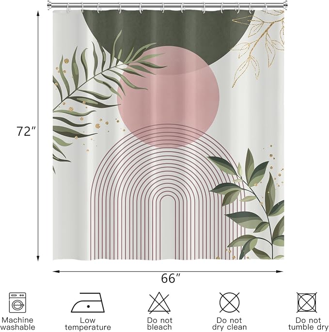 Boho Mid Century Shower Curtain, Pink Modern Minimalist Abstract Geometric Sage Green Gold Plant Leaves Bathroom Curtains Washable Waterproof Fabric Buthtub Curtain Set with Hooks 66" Wx72 L