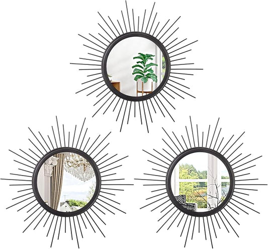 3 Pack Black Metal Wall Mirrors Sunburst Wall Mirrors Home Décor Art Decorative Modern Bohemian Hanging Wall Art for Bedroom Bathroom Living Room Entryway Small 12''