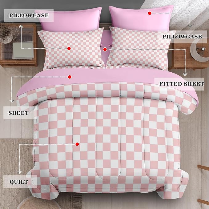 7Pcs Comforter Set Queen Size, Light Pink Checkered Plaid Girly, Bedding Decor Cute Gingham Checkerboard Geometric Bedroom Bed Set Flat Sheet Fitted Sheet Pillowcases Shams for Kids Adults