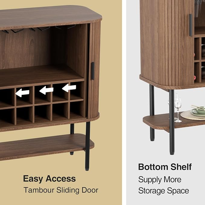 FiveWillowise Coffee Bar Cabinet with Storage, Fluted Wine Cabinet with Sliding Doors, Glass Holder and Wine Rack, Buffet Sideboard Liquor Cabinet for Kitchen, Dining Room, Living Room, Walnut