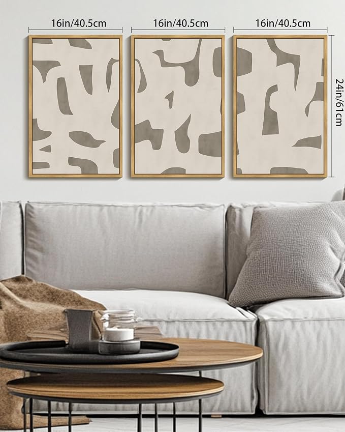 KUVIOKE Bohemain Abstract Framed Wall Art Brown Mid-Century Duotone Minimal Dark Brush Stroke Neutral Modern Minimalist Painting Decorative Artwork 16x24in (Natural Framed)
