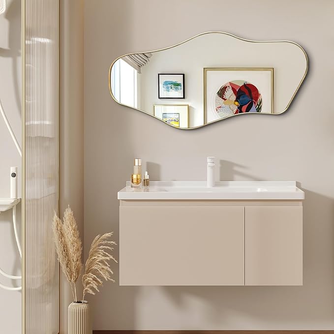 Gold Irregular Mirror, 40"x18" Asymmetrical Mirrors with Metal Frame, Unique Shaped Mirror Decorative, Modern Abstract Mirrors for Living Room Bathroom Bedroom Hallway Entryway Fireplace