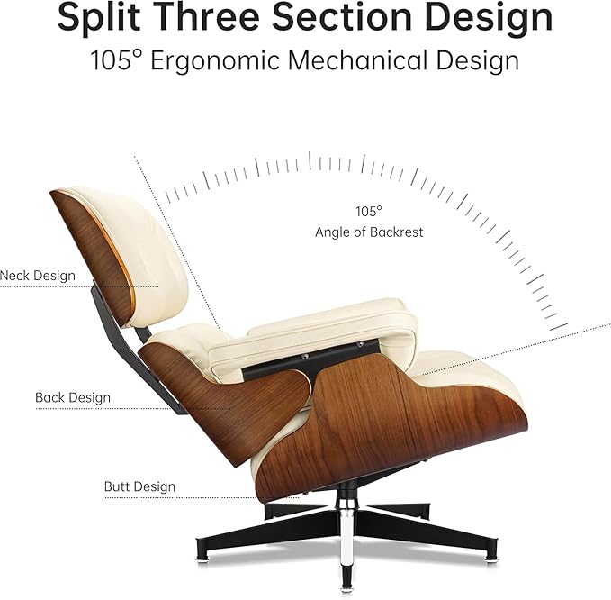 Top Cream White Grain Leather, Mid Century Chaise Lounge Chair and Ottoman, Modern Chair Classic Design, Walnut Wood, Heavy Duty Base Support for Living Room Office