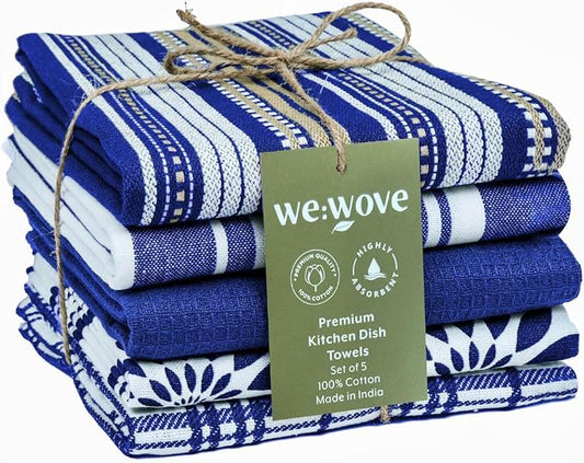 WeWove Assorted Kitchen Towels Set of 5-100% Cotton Dish Cloths Towels with Hanging Loop - Soft Absorbent Washable Reusable for Kitchen Use - Quick Drying 16x26 inch Dish Towels Blue