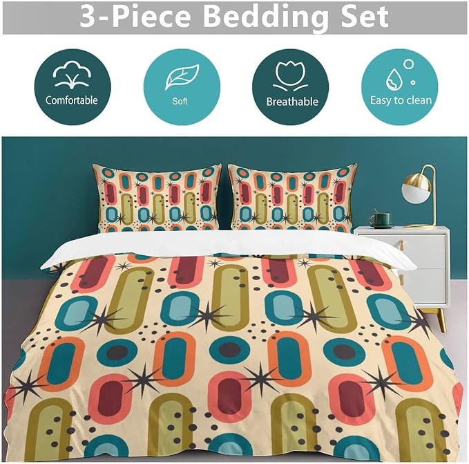 Colorful Aesthetic Comforter Cover Geometry Bed Set, Retro Atomic Duvet Cover，Modern Mid Century Bedding Sets，Aesthetic Abstract Art Bedding 3 Piece (1 Duvet Cover 79"x90" + 2 Pillow Sham 20"x30")
