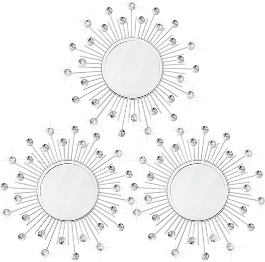 3 Pack Metal Mirrors for Wall Sunburst Wall Mirrors Home Décor Decorative Hanging Wall Art for Living Room Bedroom Entryway (Silver Crystal, Sunburst)