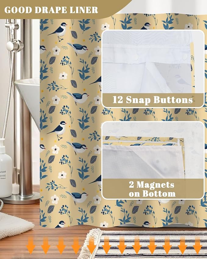 No Hook Shower Curtain and Liner Set, Bird and Floral Print in Yellow Fabric, Waterproof Bath Tub Curtain for Cottage, Farmhouse, Kids Bathroom Decor, See Through Top, 71 x 74 Inch