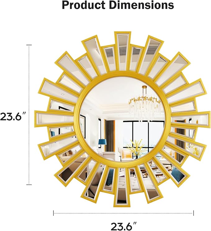 Gold Sunburst Mirror, 24" Large Starburst Mirror,Wall Mirrors Decor for Living Room, Bedroom, Fireplace,Hallway,Entryway