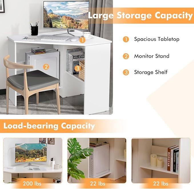 LDAILY Corner Desk, Space Saving 90 Degree Triangle Computer Desk with Storage Shelves & Cable Holes, Wood Compact Corner Writing Table for Small Spaces, Home Office, Bedroom & Living Room, White