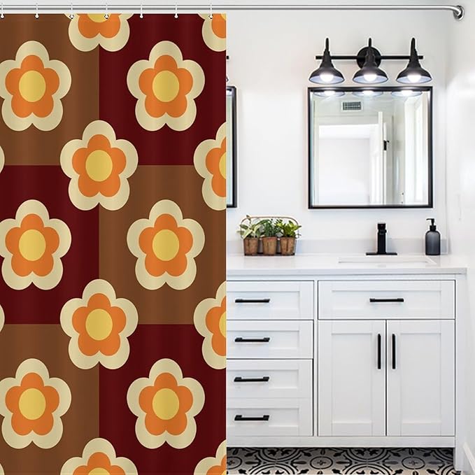 Bohemia Orange Brown Flowers Shower Curtain Funky Retro Lattice Floral Hippie Mid Century Aesthetic Washable Waterproof Fabric for Bathroom Decor Bathtub with 12 Hooks 55x72in（140x183cm）