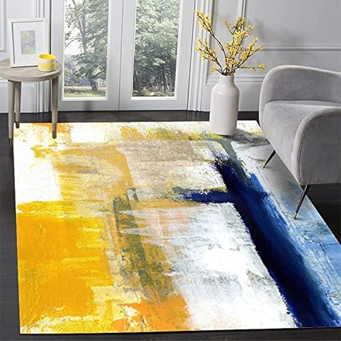 Oil Painting Abstract Yellow Ink Blue Art Area Rugs, Modern Nordic Foldable Area Rug, Non Slip Absorbent Easy Clean Washable Floor Carpets for Living Room Bedroom Entryway Kitchen-4x6ft