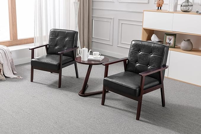 Okeysen Accent Chairs Set of 2, Mid Century Modern Accent Chair, Retro Wood and Leather Armchairs Side Chair, Lounge Reading Comfy Arm Chair for Living Room, Bedroom, Office