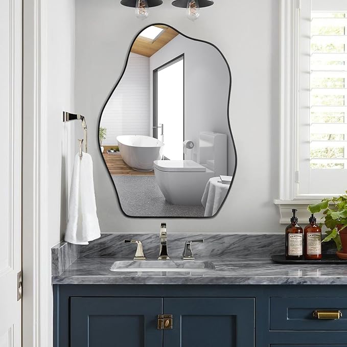 POZINO Irregular Mirror, 28"x20" Asymmetrical Wall Mirror, Modern Funky Shaped Mirrors, Abstract Frameless Mirrors for Wall Decor Living Room Bathroom Bedroom Entryway