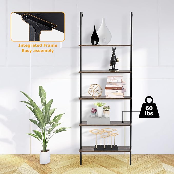 5 Tier Wall Mounted Ladder Shelf, Ladder Bookshelf with Metal Frame and Wood Shelf, Modern Learning Bookcase for Living Room, Bedroom, Office (23.6" W x 11.8" D x 70.8" H, Dark Walnut)