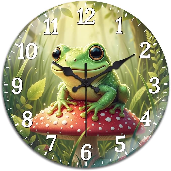 peacoblue Wall Clocks Battery Operated 12 Inch Tree Frogs with Mushrooms Glass Round Wall Clock Non Ticking for Kitchen Living Room Dining Room Bedroom and Bathroom Decor (Battery not Included)