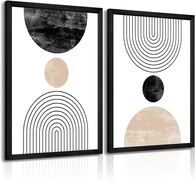 Mid Century Modern Wall Art Prints Set of 2 Neutral Abstract Geometric Wall Art Boho Canvas Prints Mid Century Eoind Wall Decor Modern Abstract Pictures Artwork for Home Room 16x24 Inch Black Framed