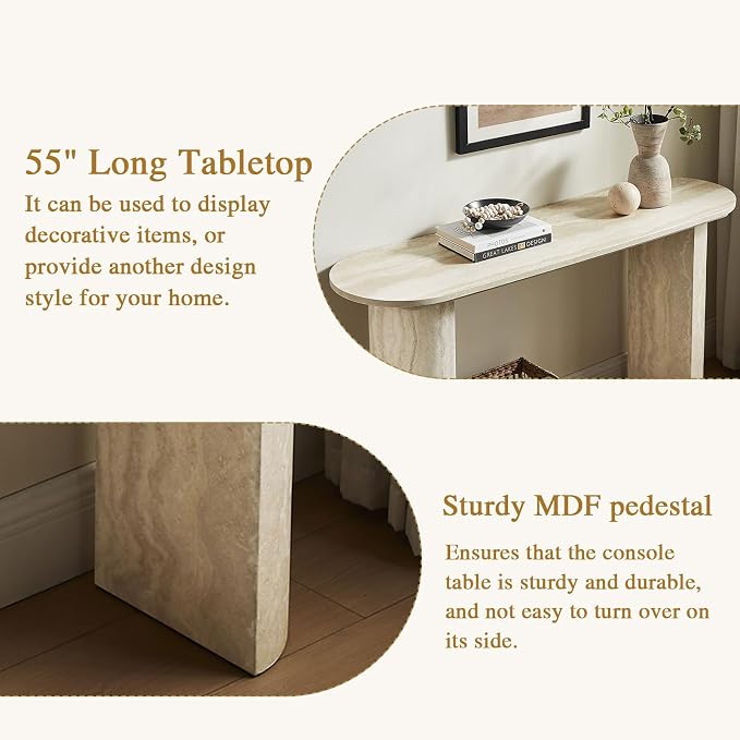 Faux Mars Marble Pattern Console Table, 55.12" Skinny Long Sofa Table Behind Couch with Rounded Edges, Wooden Narrow Sofa Table Hall Table for Living Room Foyer Entrance Hallway, Marble