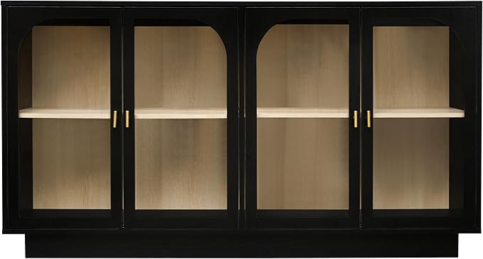 Sideboard Buffet Cabinet with Storage - Accent Storage Cabinet with 4 Glass Doors Adjustable Shelves,Black Wood Credenza for Living Room, Kitchen,Dining Room, Entryway (Black 4 Doors)
