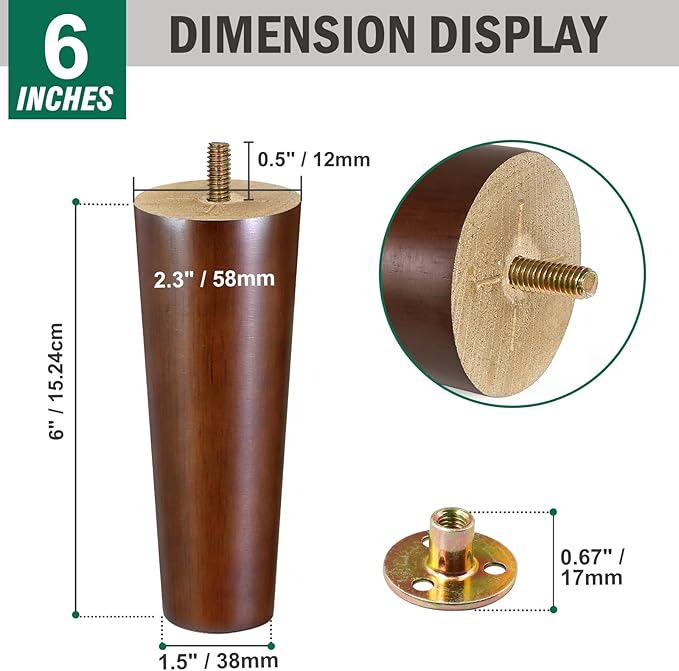 FoDau770 Brown Rubber Wood Furniture Legs 6 Inches, Straight Tapered Wood Feet Mid Century Sofa Legs Set of 4, 5/16" UNC Furniture Feet for Cabinet Couch Dresser Chair Ottoman Table