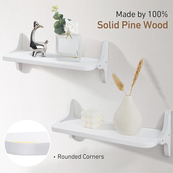 Wooden Floating Shelves for Wall, 15.7" W x 5" D x 0.6" H Large Wall Shelves, Hanging Storage Shelf with Sturdy Brackets for Living Room, Kitchen, Bathroom, Bedroom Decor, White, 3 Packs
