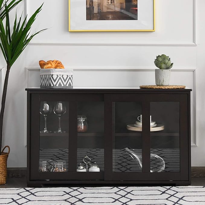 Buffet Cabinet with Storage, Kitchen Sideboard with Sliding Glass Doors, Credenzas Storage Cabinet with Adjustable Shelf, Stackable Kitchen Cupboard for Dining Room Coffee Bar