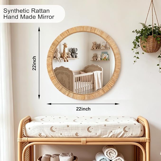 24"x24" inch Large Round Rattan Mirror for Wall, Boho Decorative Wicker Mirror Waterproof Synthetic Rattan Frame, for Bathroom, Bedroom, Living Room, Entryway