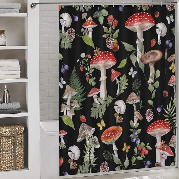 Mushroom Shower Curtain, Farmhouse Country Botanical Mushroom Plants Herbs Rustic Vintage Cottagecore Nature Black Waterproof Fabric Bathroom Shower Curtain Set with Hooks, 72"x72" Inch