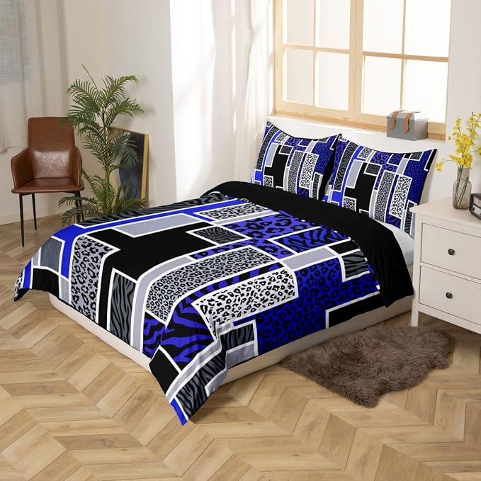 Erosebridal Leopard Print Toddler Comforter Cover Zebra Skin Texture Bedding Set Wild Animal Cheetah Print Duvet Cover for Kids Teen Adults,Blue Black Grey Geometric Bed Set