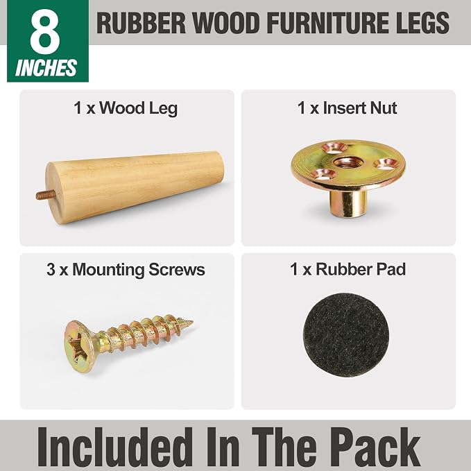 FoDau770 Rubber Wood Furniture Legs 8 Inches, 5/16" UNC Straight Tapered Wood Feet Mid Century Sofa Legs, Wooden Furniture Feet Replacement Parts for Cabinet Couch Dresser Chair Ottoman Table