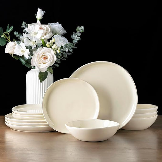 AmorArc Ceramic Dinnerware Sets,Handmade Reactive Glaze Plates and Bowls Sets,Highly Chip and Crack Resistant | Dishwasher & Microwave Safe Dishes Set, Service for 4 (12pc)