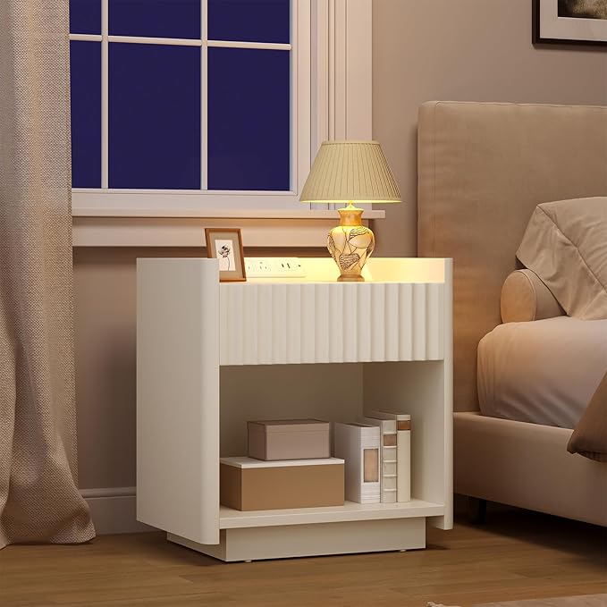 Bigbiglife Fluted Nightstand Set of 2 with Charging Station, 22" Modern Side Table with Drawer End Table with Open Storage, Bedside Table for Bedroom, Living Room, Natural Oak (2, Off White)