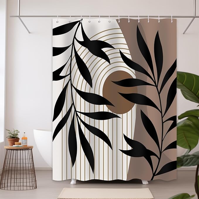 Brown Shower Curtain Boho Mid Century Dark Brown Shower Curtains for Bathroom Decor, Black and Tan Waterproof Cloth Fabric with Hooks, 60" W x 72" L