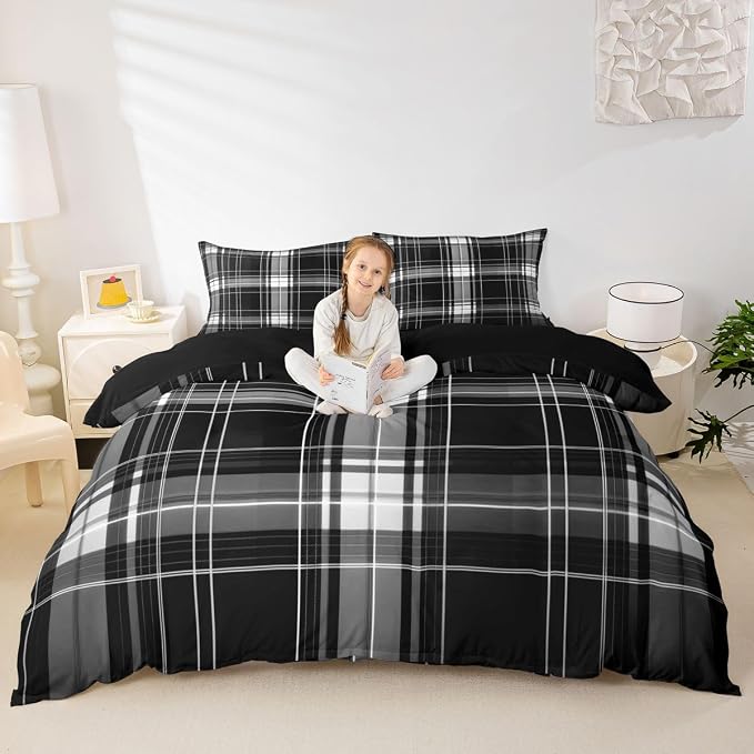 Erosebridal Boys Girls Plaid Bedding Set King Black Grey Checkered Duvet Cover for Kids Teens Buffalo Grid Stripes Comforter Cover Modern Geometric Bed Set with Zipper