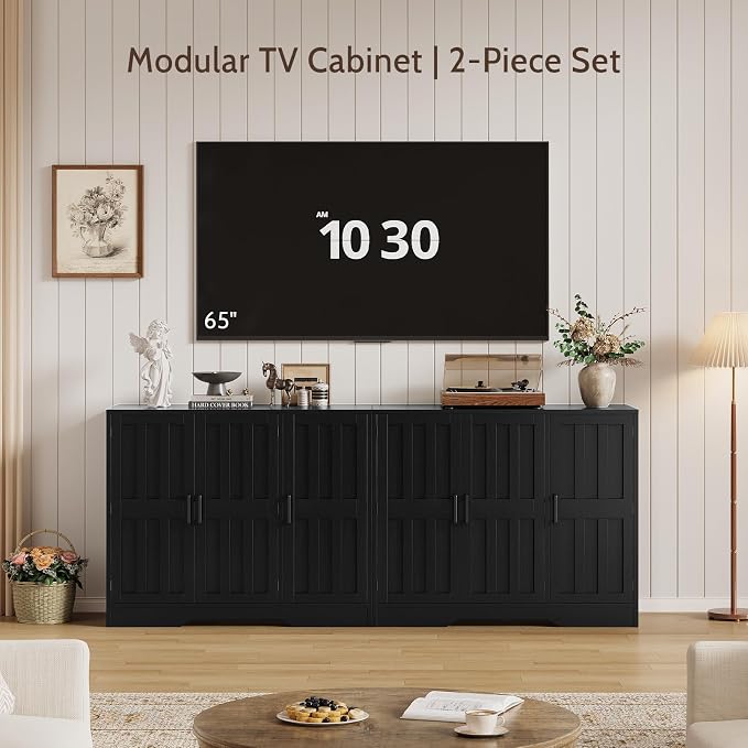 Modern Farmhouse Buffet Cabinet with Storage, 85" Large Sideboard Storage Cabinet with 6 Barn Doors, Coffee Liquor Bar Cabinet Wood Table Credenza with Adjustable Shelf for Kitchen Dining Living Room