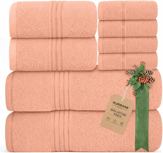 8 Piece Bath Towels for Bathroom - 100% Cotton, Soft Absorbent Bathroom Towels Set - 2 Extra Large Bath Towels, 2 Hand Towels & 4 Washcloths - Hotel Spa Thick Plush Towel, Peach