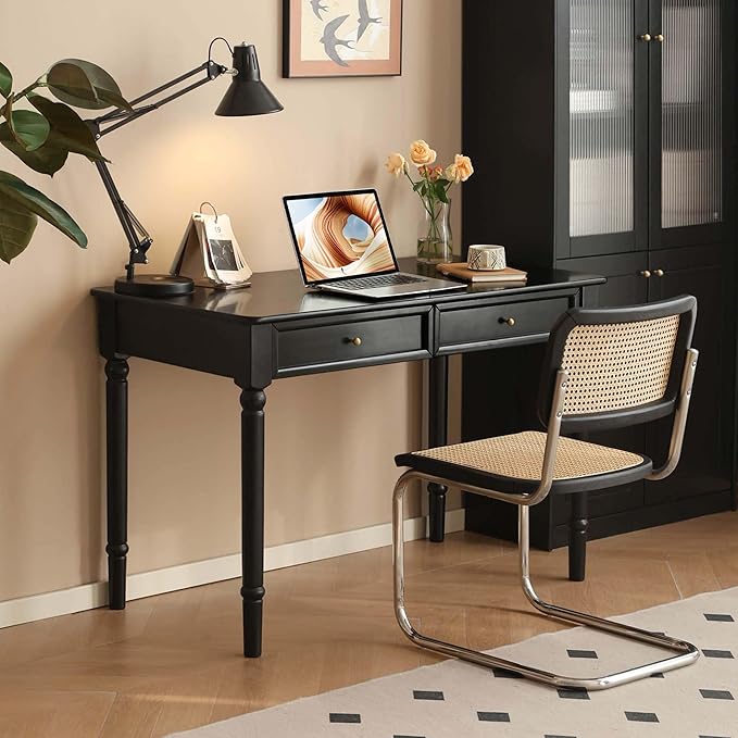 Solid Wood Computer Desk with Double Drawers, Black Vintage Rubber Wood Writing Desk for Home Office 47.2"