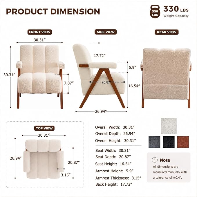 Mid Century Modern Accent Chair with Solid Oak Wood Frame, Upholstered Chenille Lounge Chair with Ergonomic Backrest and Thick Cushion for Living Room Bedroom Balcony, Set of 2, Beige