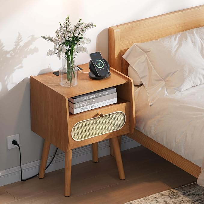 Night Stand Set 2, Rattan Nightstands Set of 2 with Charging Station, Mid Century Modern Bedside Table with Drawer, Boho End Table with Solid Wood Legs, Side Tables for Bedroom, Small Space, Cherry