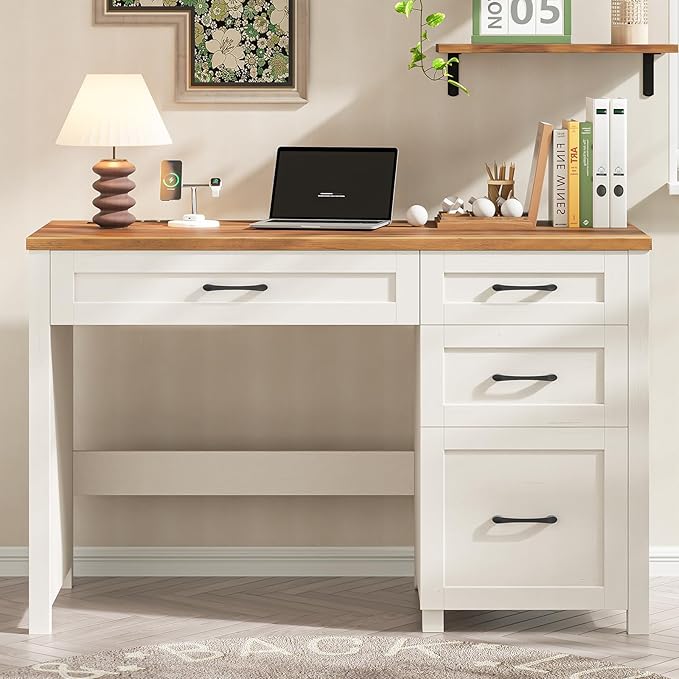Vabches Farmhouse 47" Executive Desk, Computer Desk with File Drawer and Charging Station, Workstation for Home Office & Study.Unique White