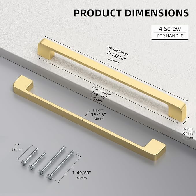 15 Pack 7-9/16 Inch Brushed Gold Cabinet Pulls Solid Zinc Alloy Gold Cabinet Handles - Brushed Brass Dresser Drawer Pulls for Kitchen Cabinet Hardware Zinc Alloy Handles