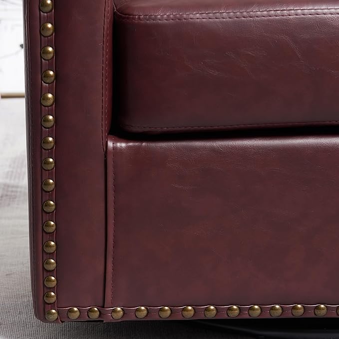KINWELL 29" Wide Tufted Faux Leather Swivel Barrel Chair, PU Leather Modern Upholstered Accent Chairs with Nailhead Trim, Small Armchair for Living Room Bedroom, Red