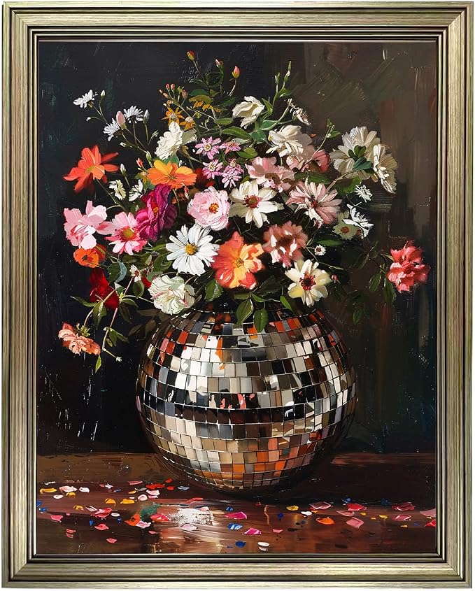 Disco Ball Wall Decor, Retro Eclectic Wall Art, Vintage Framed Colorful Moody Florals Painting, Maximalist Funky Flowers Bouquet Print Artwork
