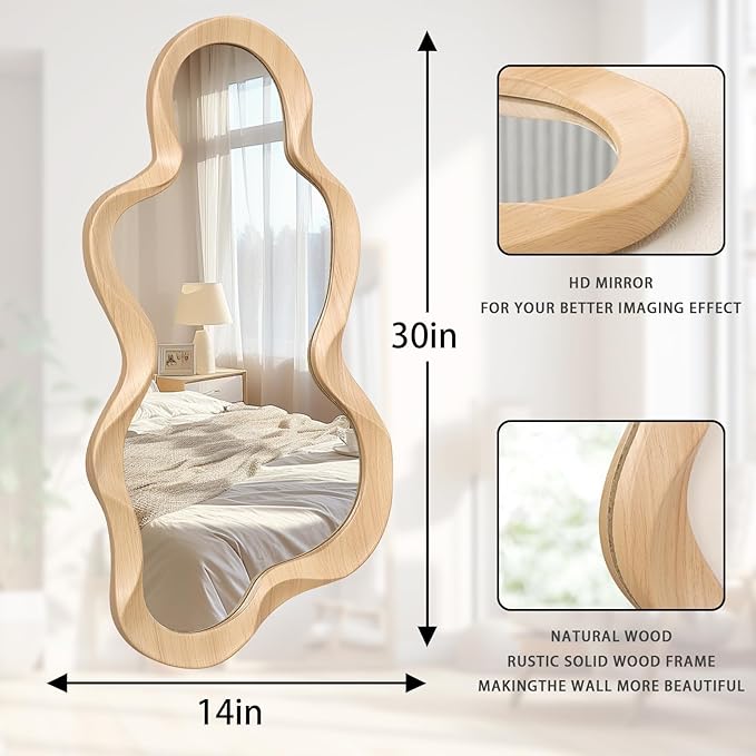 Asymmetrical Mirror for Wall Decor Modern Wooden Framed Irregular Mirrors Unique Shape Wall Mounted Vanity Artistic Wavy Mirror Decorative for Living Room Bedroom Bathroom Entryway 30"x14"