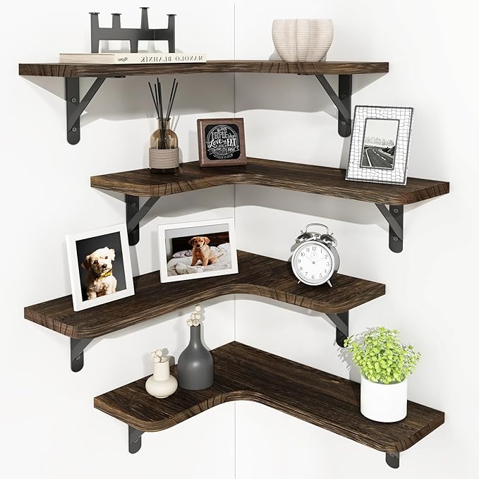 YGEOMER Corner Floating Shelves, Wall Mounted Corner Shelf for Bathroom, Kitchen, Bedroom, Home Decor, Laundry Room, Living Room(Set of 4 Dark Carbonized Black)