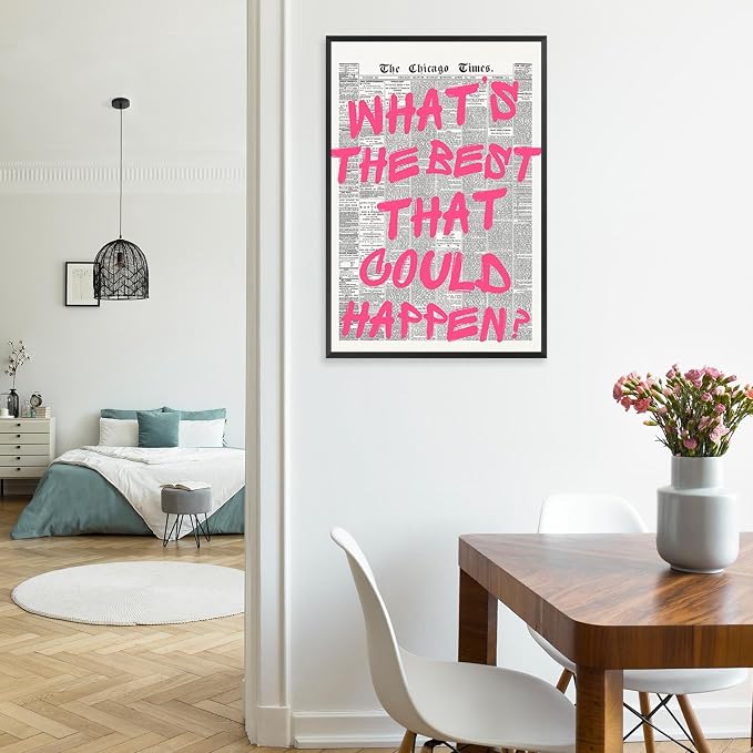 Whats The Best That Could Happen Wall Art Retro Newspaper Pink Font Canvas Poster Positive Affirming Quote Minimalist Prints Painting For Home Bedroom Dorm Wall Decor Aesthetics 24x36in Wrapped Canvas