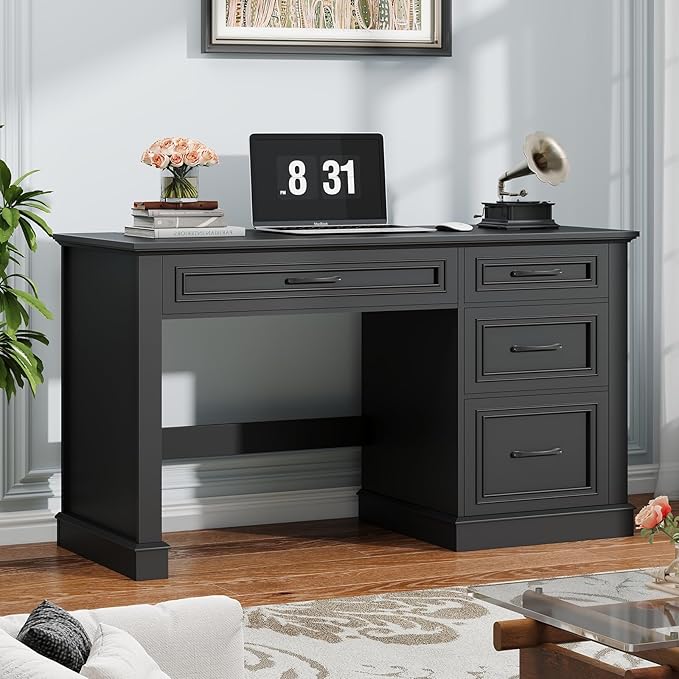 Vabches Farmhouse 47" Executive Desk, Computer Desk with Drawers and File Drawer, Workstation Computer Desk with Charging Station for Home Office, Study,（Pure Black