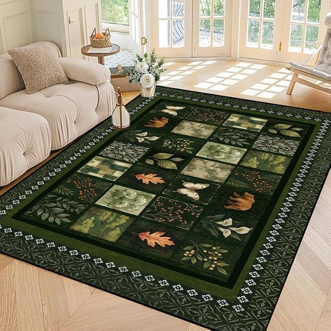 4'x6' Vintage Green Botanical Area Rug Non-Slip Washable Nature Patchwork Carpet Boho Floor Mat Rugs for Bedroom Living Room Nursery Kitchen Playroom Home Decor
