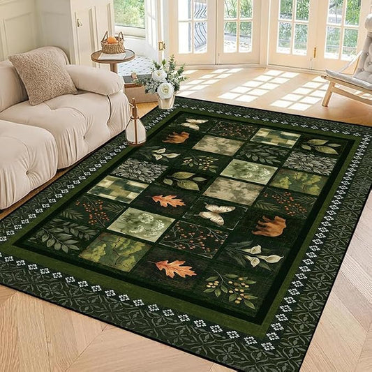 4'x6' Vintage Green Botanical Area Rug Non-Slip Washable Nature Patchwork Carpet Boho Floor Mat Rugs for Bedroom Living Room Nursery Kitchen Playroom Home Decor